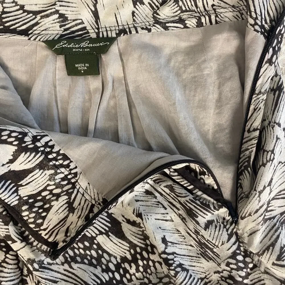 Eddie Bauer Cotton Floral Print A-Line Skirt Lightweight Brown White Size 6 90's